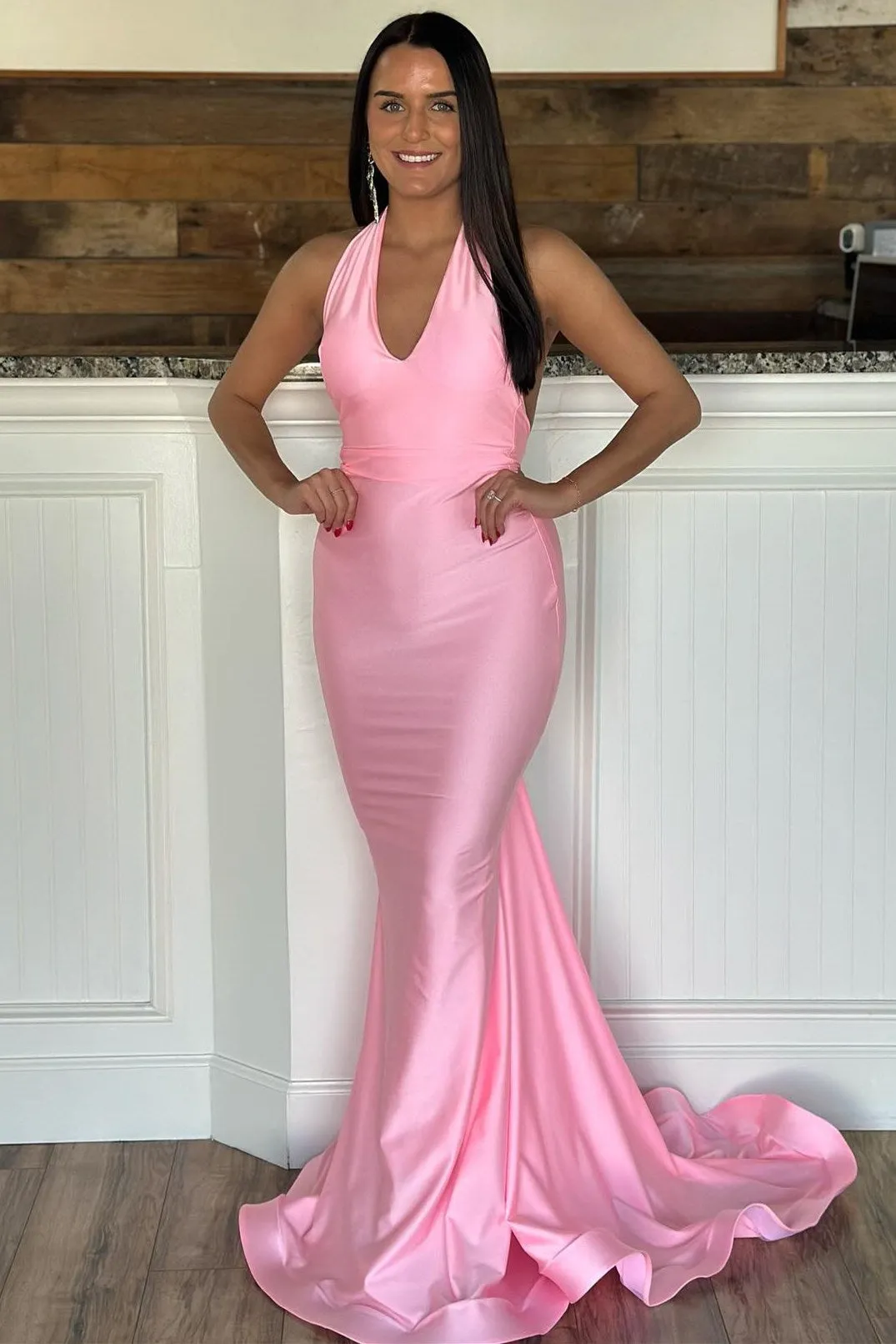 Chic Mermaid Purple Halter Elastic Satin Long Prom Formal Dress