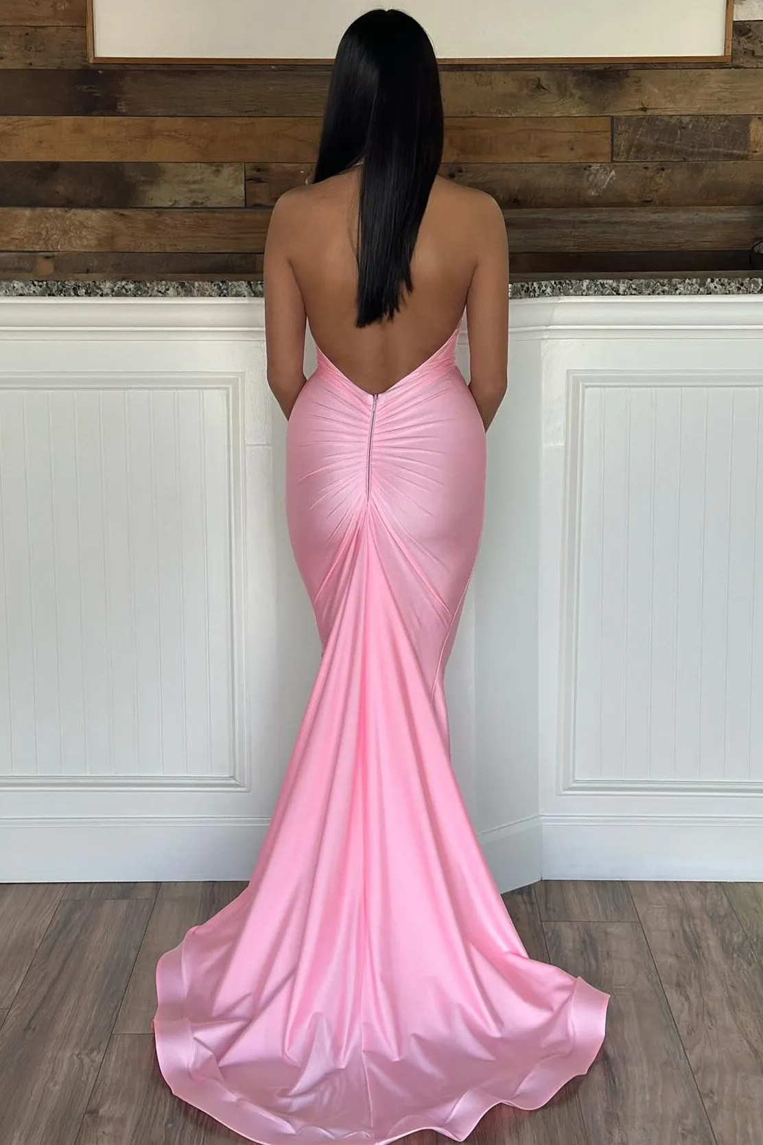 Chic Mermaid Purple Halter Elastic Satin Long Prom Formal Dress