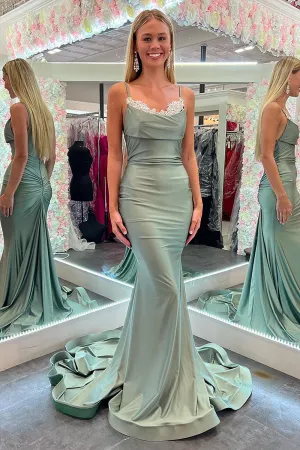 Chic Mermaid Scoop Neck Sage Green Satin Long Prom Dresses