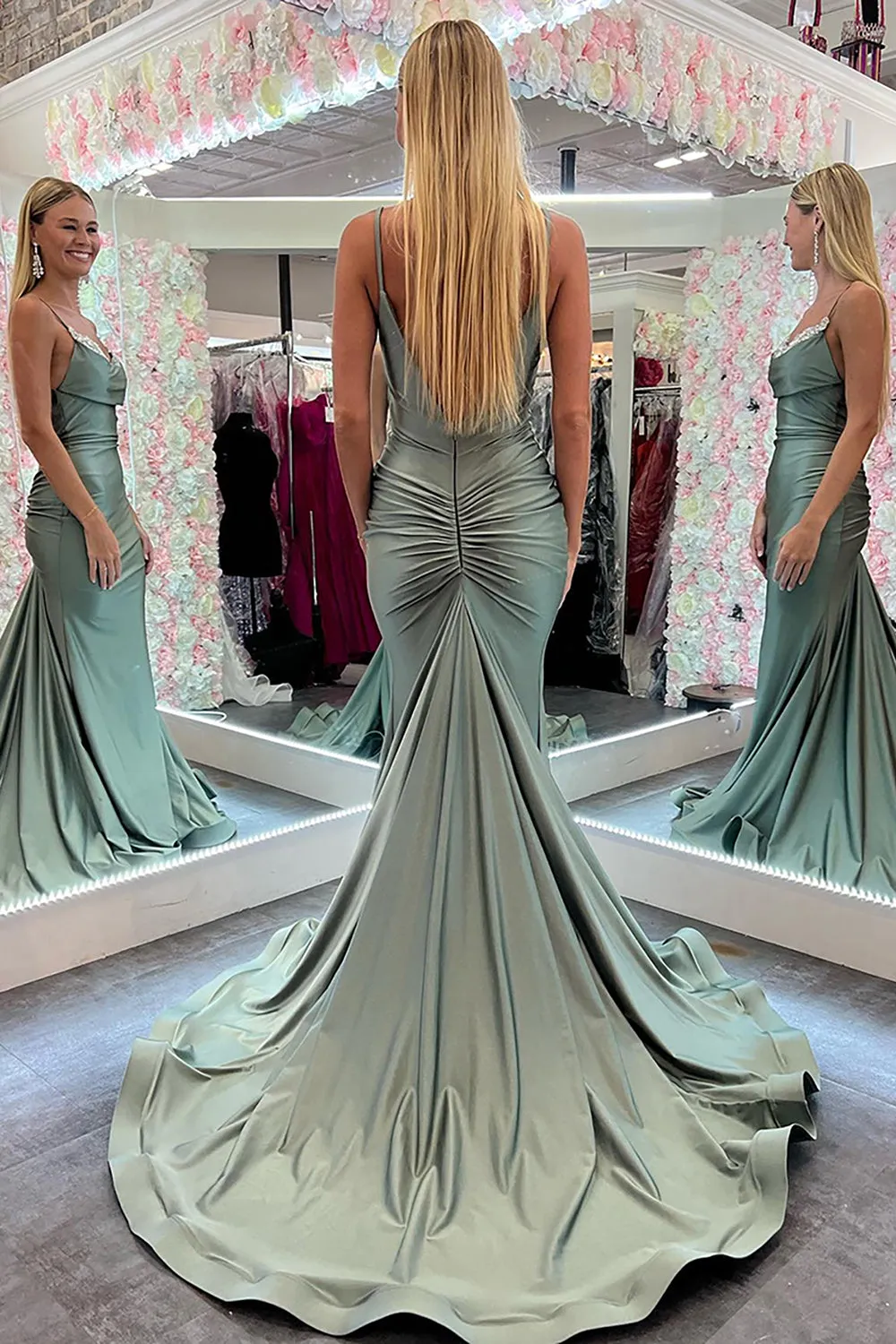 Chic Mermaid Scoop Neck Sage Green Satin Long Prom Dresses